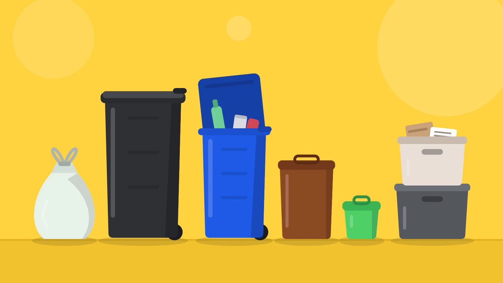 Illustration of household waste containers in a row on a yellow background: a tied rubbish bag, a tall dark wheelie bin, a blue wheelie bin with its lid open and bottles and cans inside, an outdoor food waste bin, a small kitchen food caddy, and two stacked boxes with paper and card on top.
