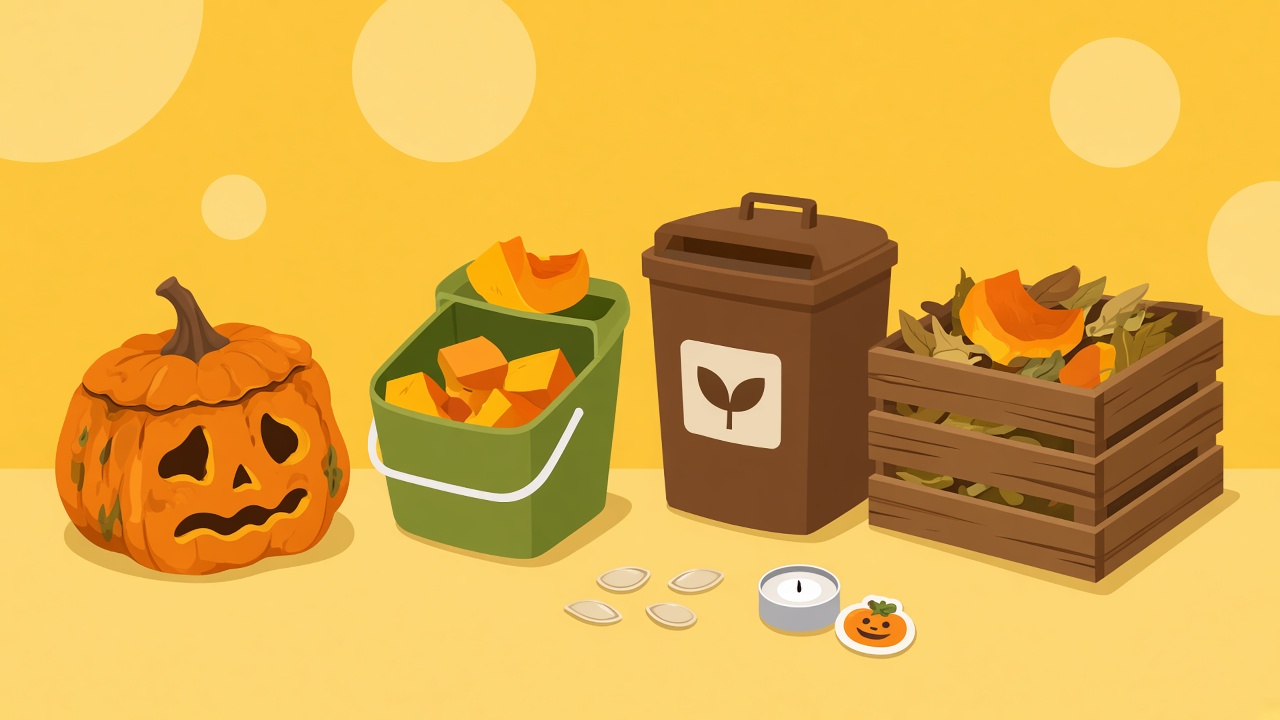 Illustration on a yellow background: a used jack-o'-lantern, a kitchen food caddy filled with pumpkin chunks, a brown food waste bin and a wooden compost bin, with seeds, a tea light and a sticker set aside.