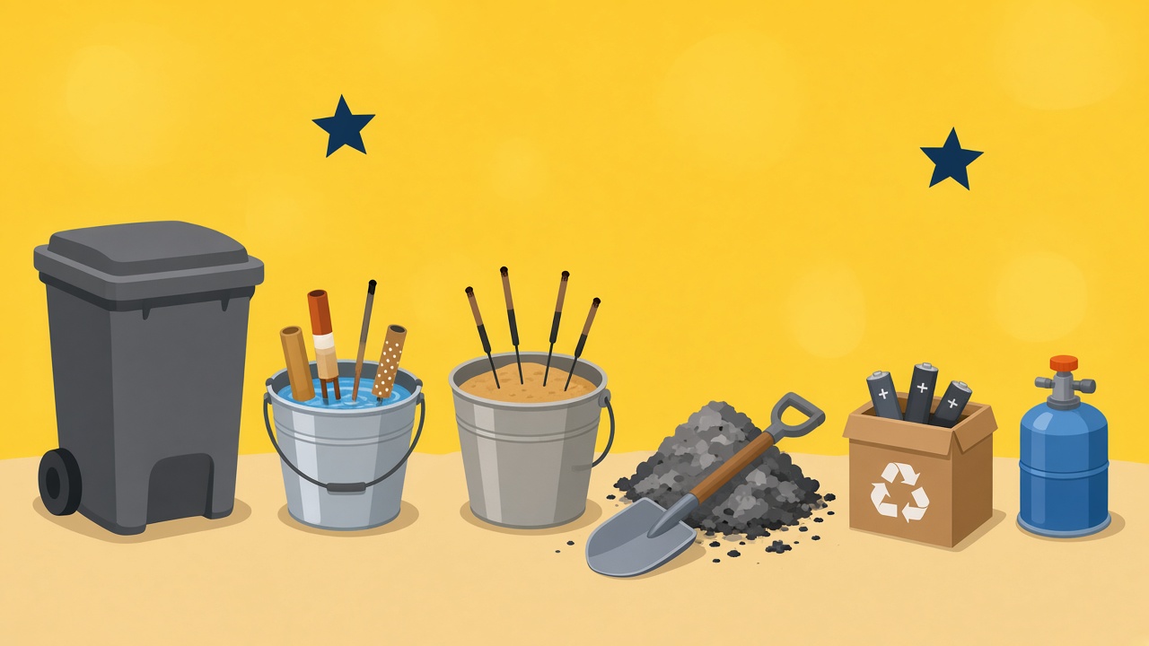 Illustration on a yellow background: a grey wheelie bin, a bucket of water with spent fireworks, a bucket of sand with used sparklers, a pile of cooling ash with a shovel, a battery recycling box and a camping gas canister.