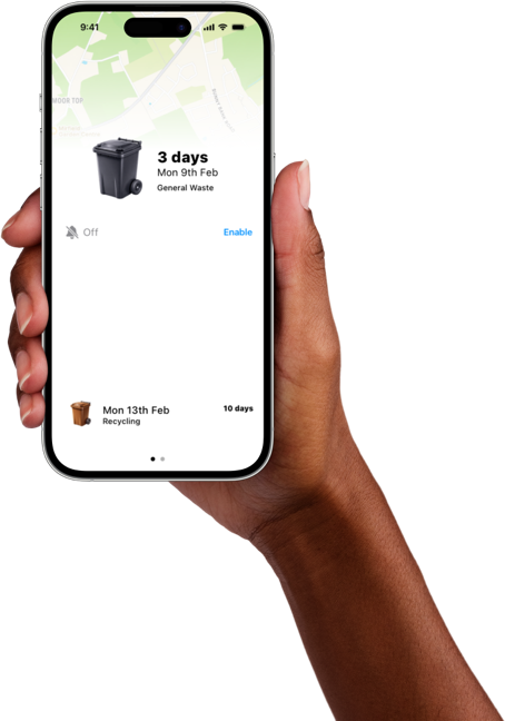 WhatBins app showing bin collection schedule on iPhone