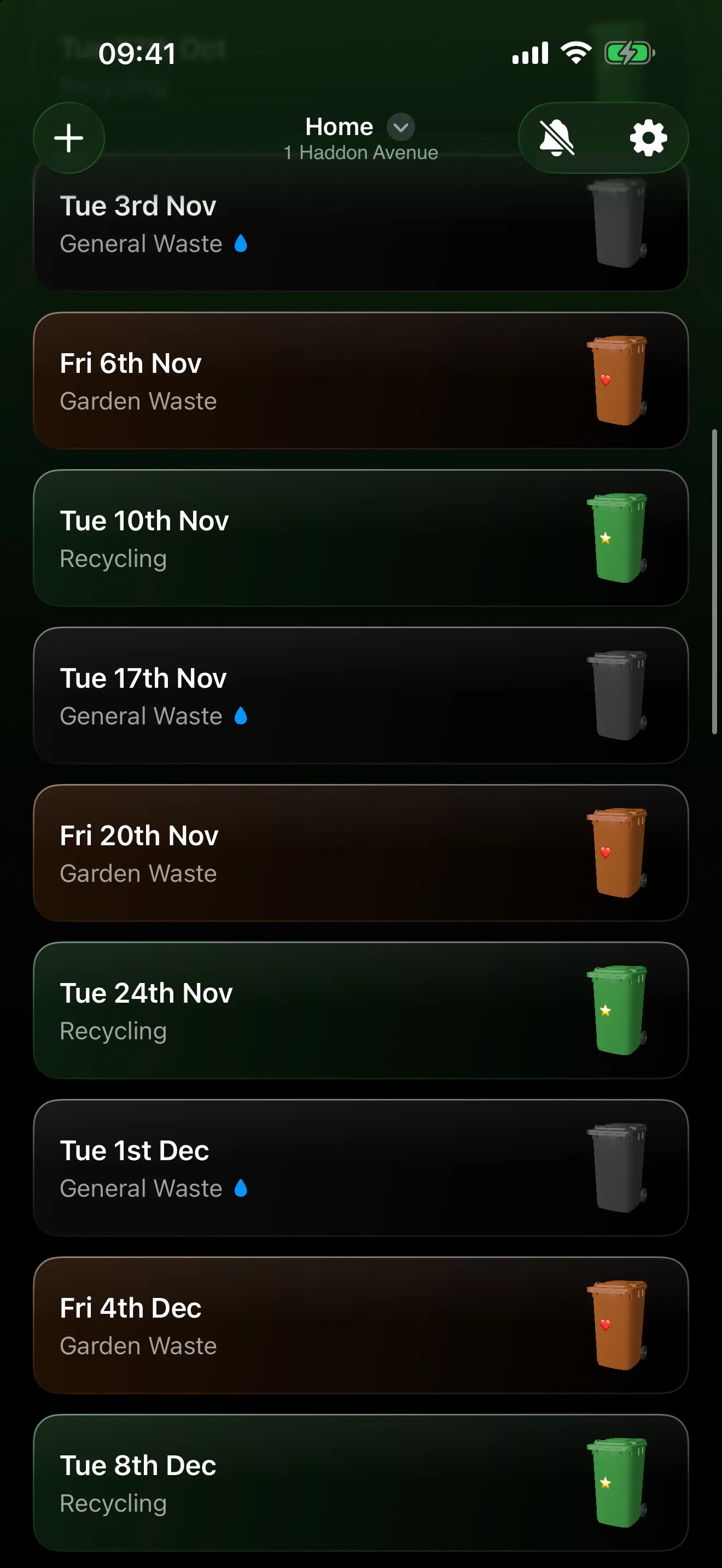 WhatBins app listing the next few weeks of General Waste, Garden Waste and Recycling collections