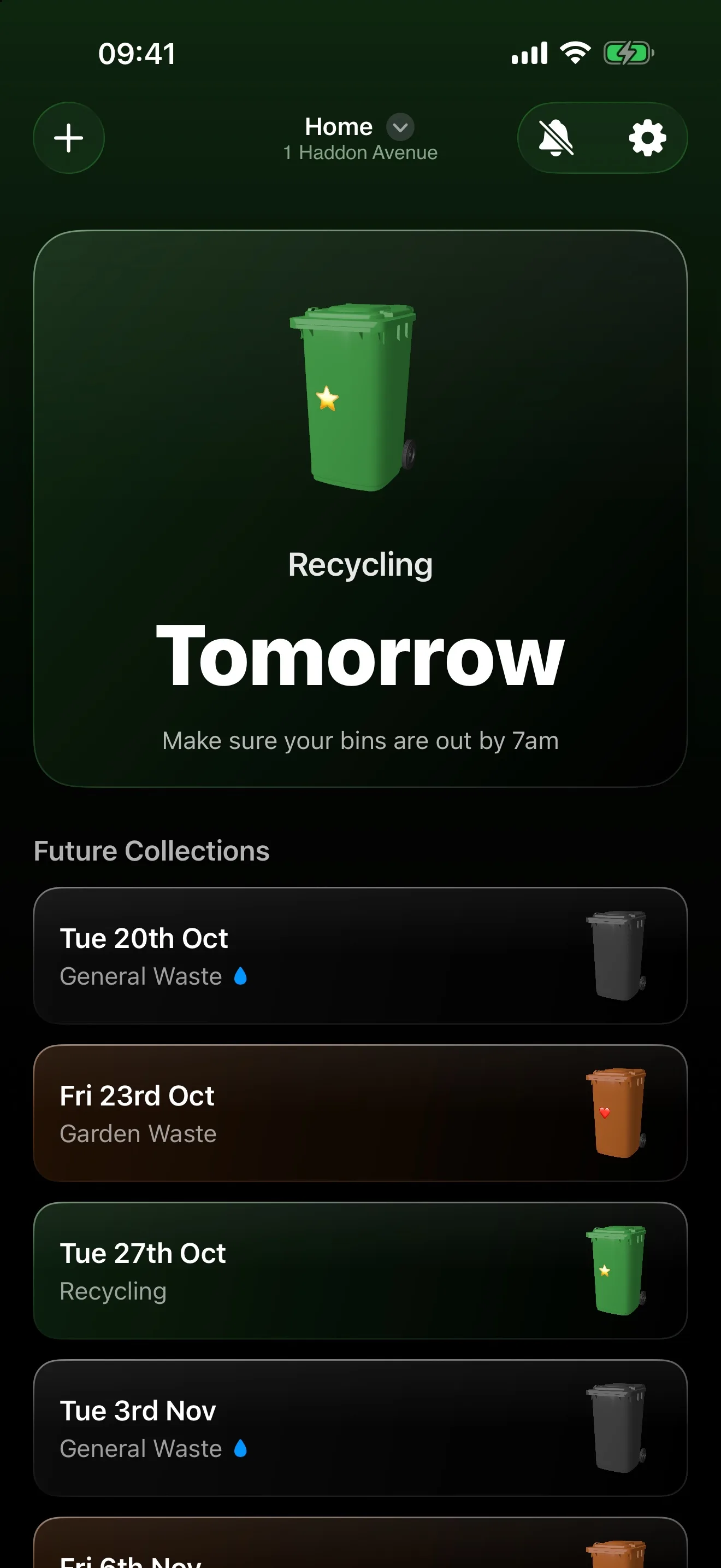 WhatBins app showing Recycling due tomorrow