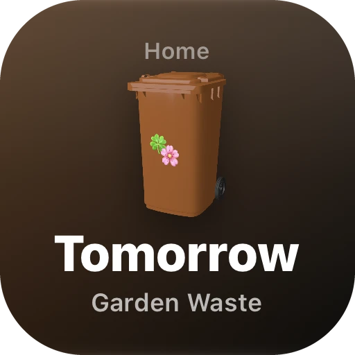 A brown garden waste bin decorated with clover and flower stickers in the WhatBins widget